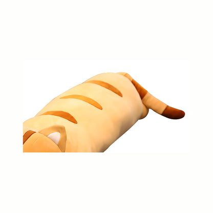 Close-up of the back and striped tail of the Brown Plush Cute Cat Stuffed Animal  Long Body Pillow Cuddly Toy for Cat Lovers, showcasing the soft, textured material and child-friendly stitching.
