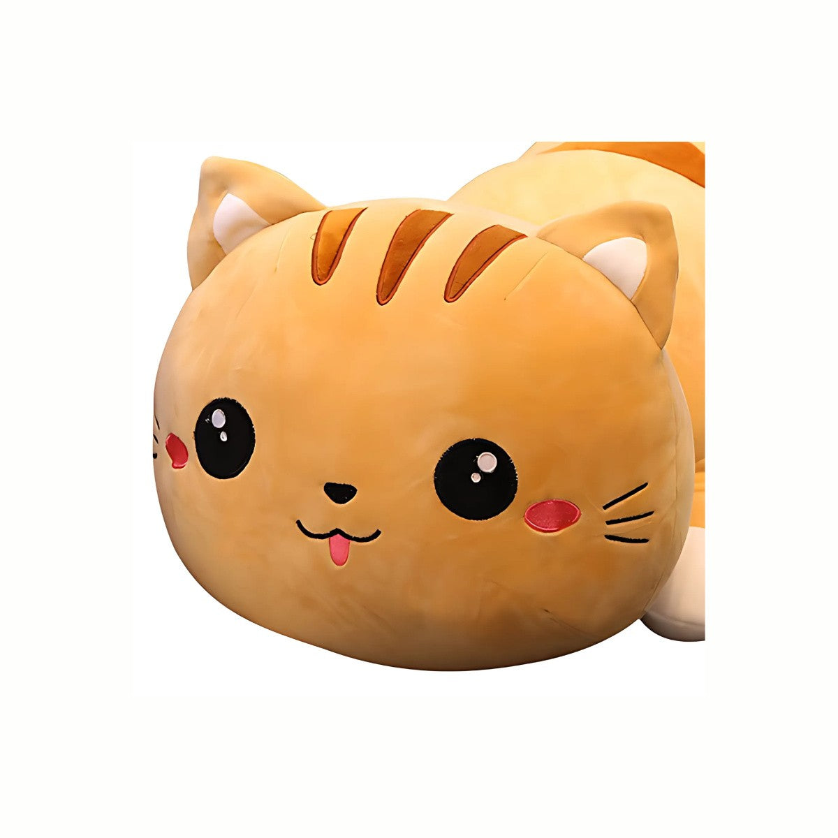 Close-up of the cute face of the Brown Plush Cute Cat Stuffed Animal  Long Body Pillow Cuddly Toy for Cat Lovers, highlighting its serene expression and cozy, comforting presence.