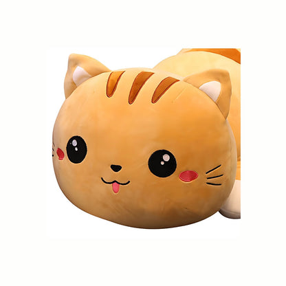 Close-up of the cute face of the Brown Plush Cute Cat Stuffed Animal  Long Body Pillow Cuddly Toy for Cat Lovers, highlighting its serene expression and cozy, comforting presence.