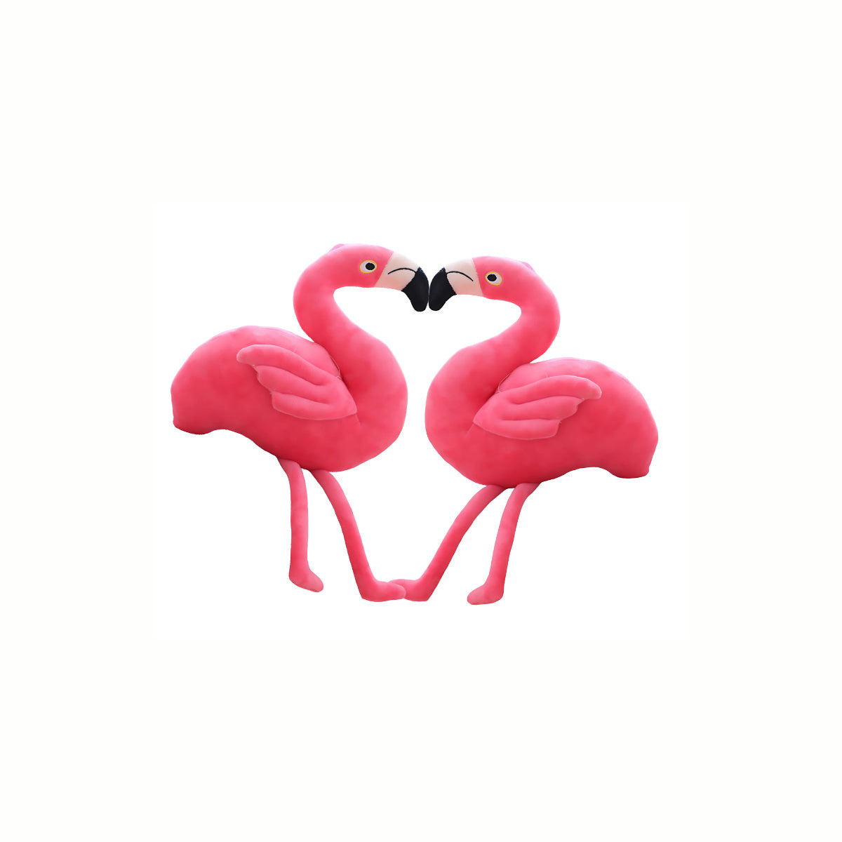 Two Plush Pink Cute Flamingo stuffed animal toys touching beaks, forming a beautiful heart shape, emphasizing its whimsical and gentle design.