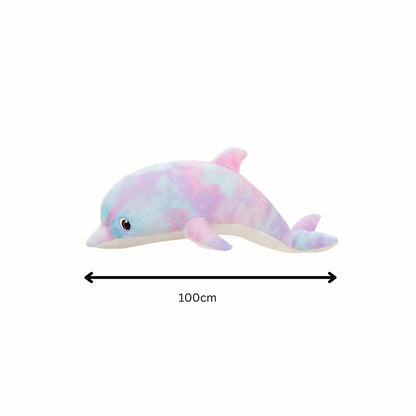 Plush Dreamy Dolphin stuffed animal toy shown with an arrow indicating its impressive 100cm length, making it a perfect huggable companion.