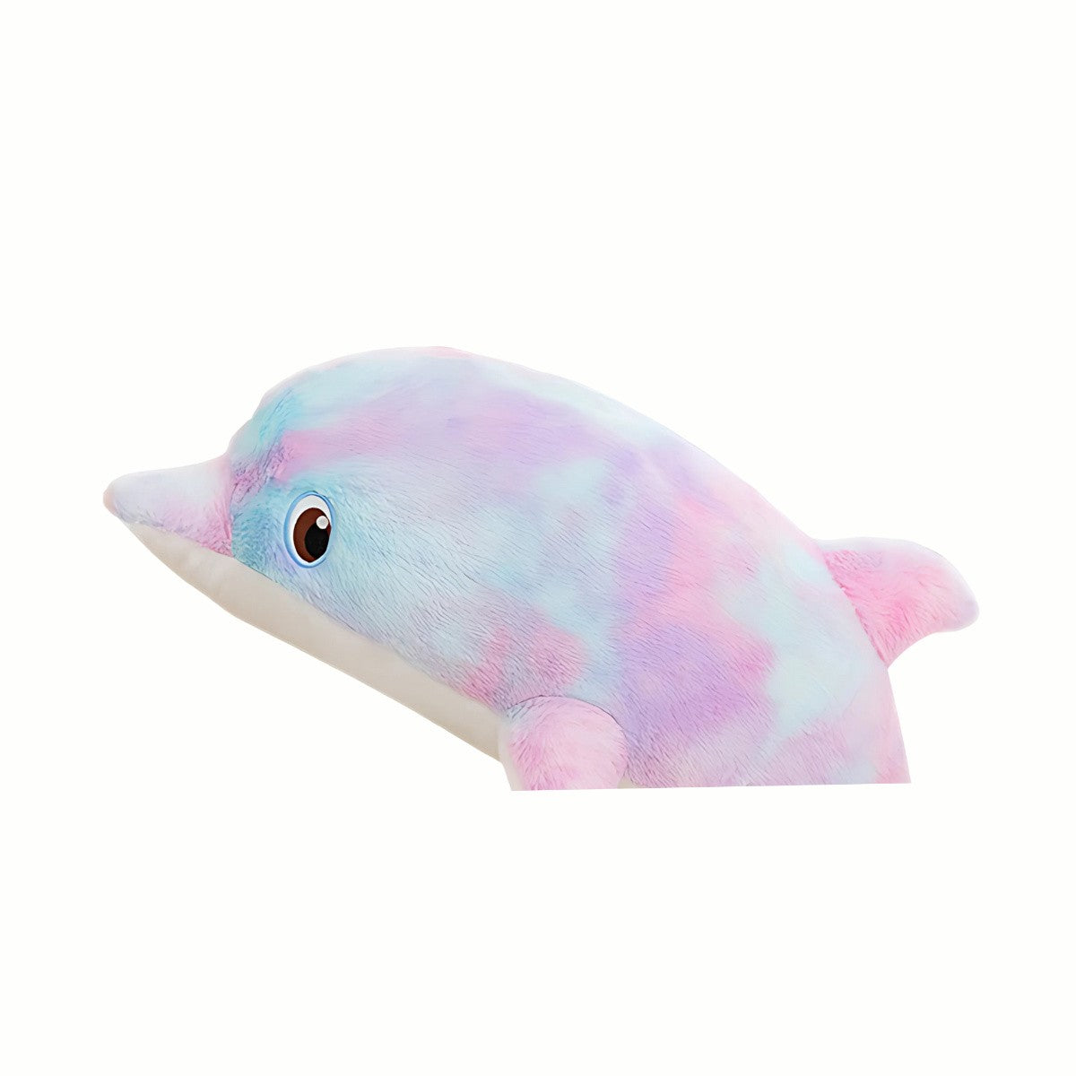 Close-up of the peaceful face of the Plush Dreamy Dolphin stuffed animal toy in tie-dye, highlighting its gentle eyes and soft, cuddly texture.