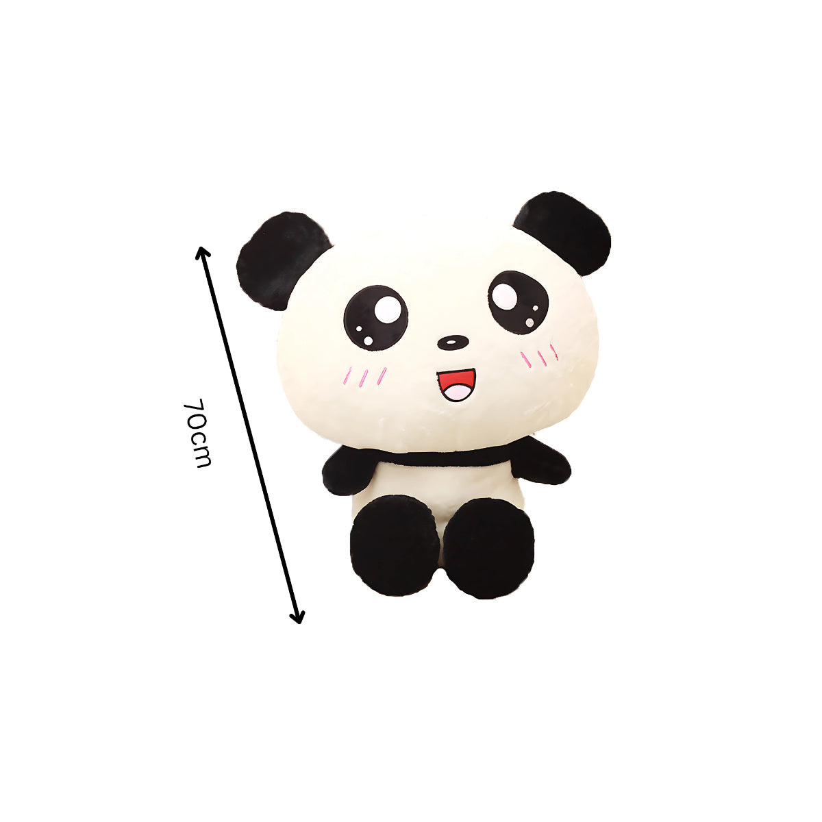 Plush Friendly Panda bear stuffed animal toy shown with an arrow indicating its impressive 70cm height, making it a perfect, cuddly companion for quiet playtime