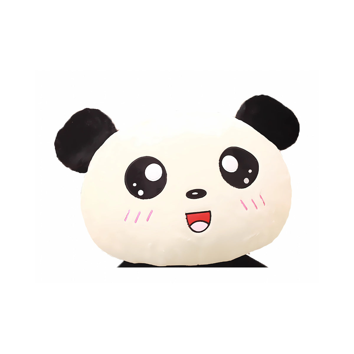 Close-up of the cute face of the Plush Friendly Panda bear stuffed animal toy, highlighting its large, gentle eyes and iconic black and white markings.