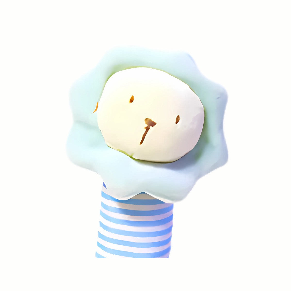 Close-up of an animal face on one of the soft, baby-friendly plush rattles, perfect for little hands to grasp and shake.