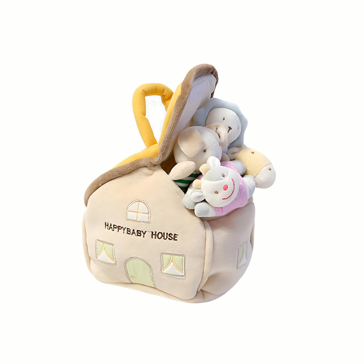 Plush House Rattle Set showing the cozy fabric house with four adorable plush rattles inside, ready to encourage early sensory exploration.