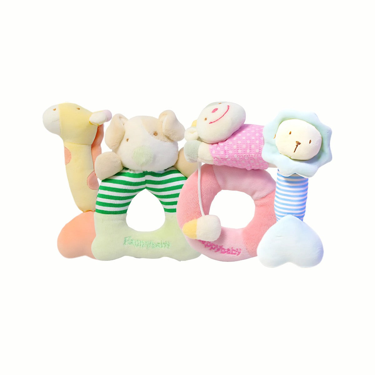 The four individual plush rattles from the Plush House Rattle Set, each one a unique and charming character that makes a gentle rattle sound