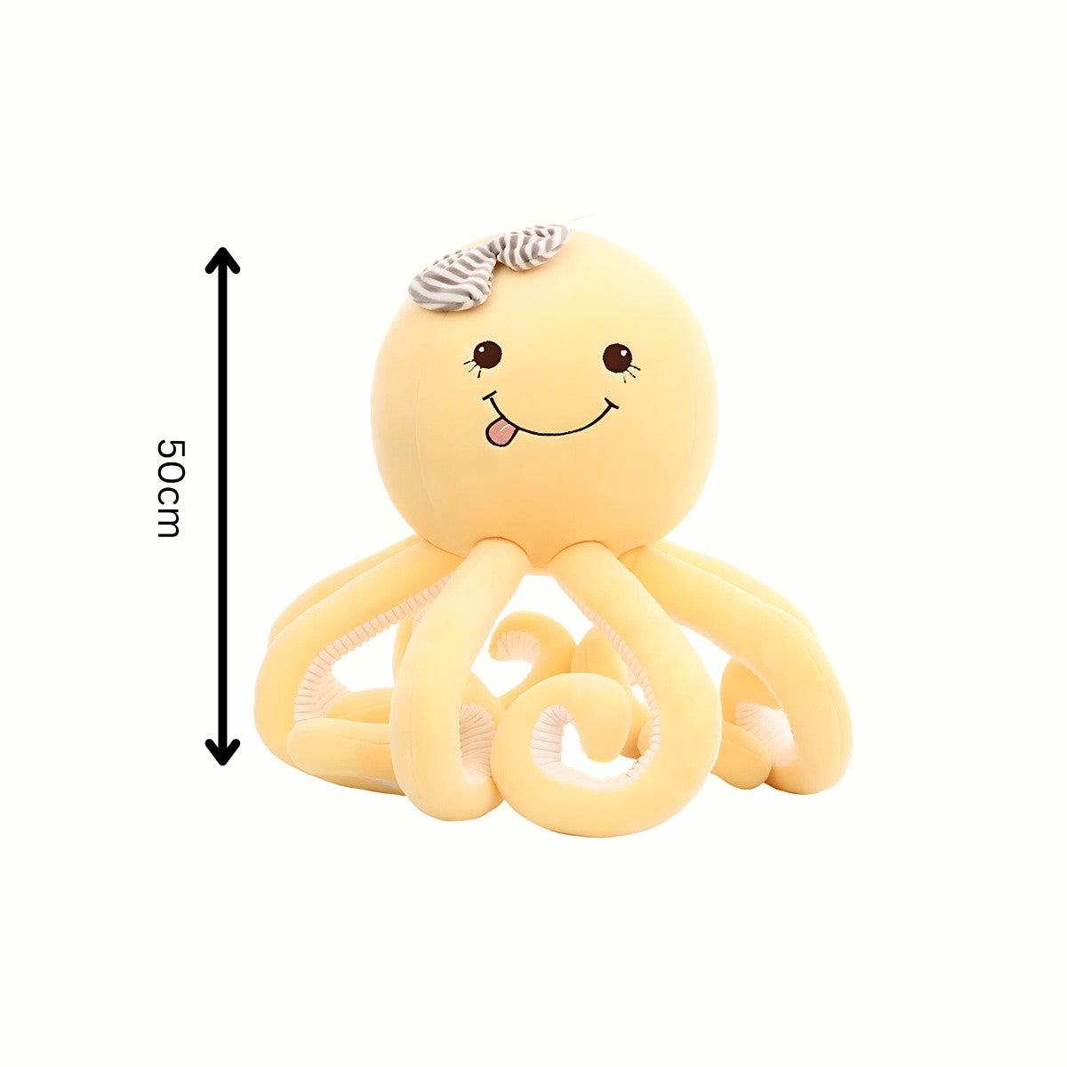 Plush Playful Octopus stuffed animal toy in yellow, shown with a size reference demonstrating its 50cm height, making it a giant, comforting snuggle buddy.