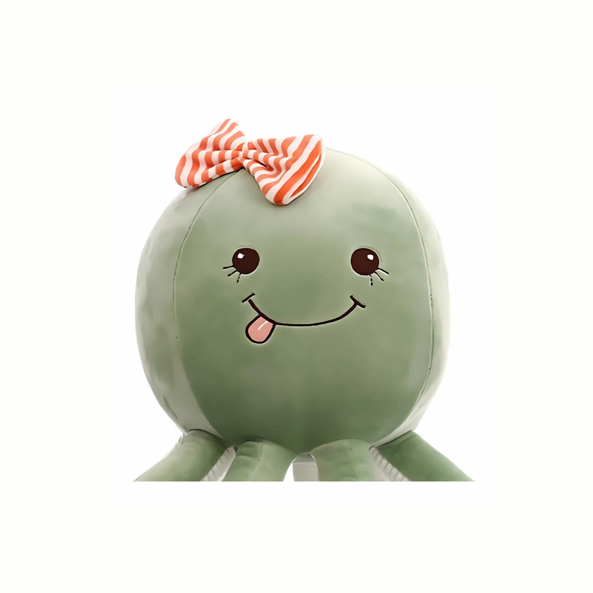 Close-up of the adorable face of the Plush Playful Octopus stuffed animal toy in green, highlighting its gentle eyes and soft, huggable form.