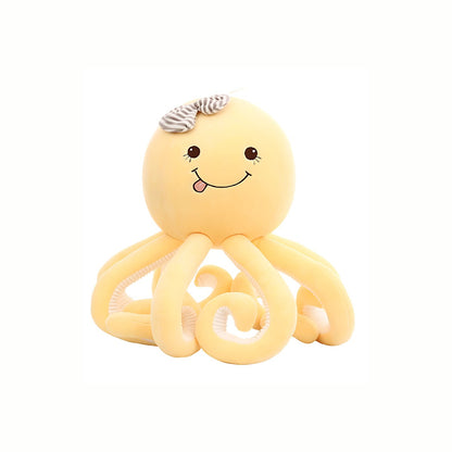 A full view of the Plush Playful Octopus stuffed animal toy in cheerful yellow, providing a comforting presence and security.