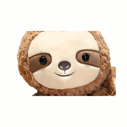Close-up of the cute face of the Brown Plush Playful Sloth with Baby Sloth on Shoulder, highlighting its gentle eyes and comforting texture.