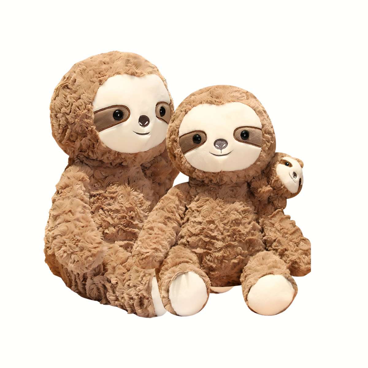 Two Brown Plush Playful Sloth with Baby Sloth on Shoulders side-by-side, demonstrating the 55cm and 75cm heights, making them soft, huggable friends for quiet times.