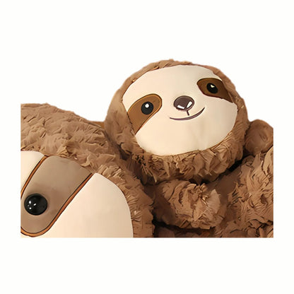 Close-up view of the adorable baby sloth attached to the shoulder of the parent Brown Plush Playful Sloth with Baby Sloth on Shoulder , perfect for extra cuddly comfort.