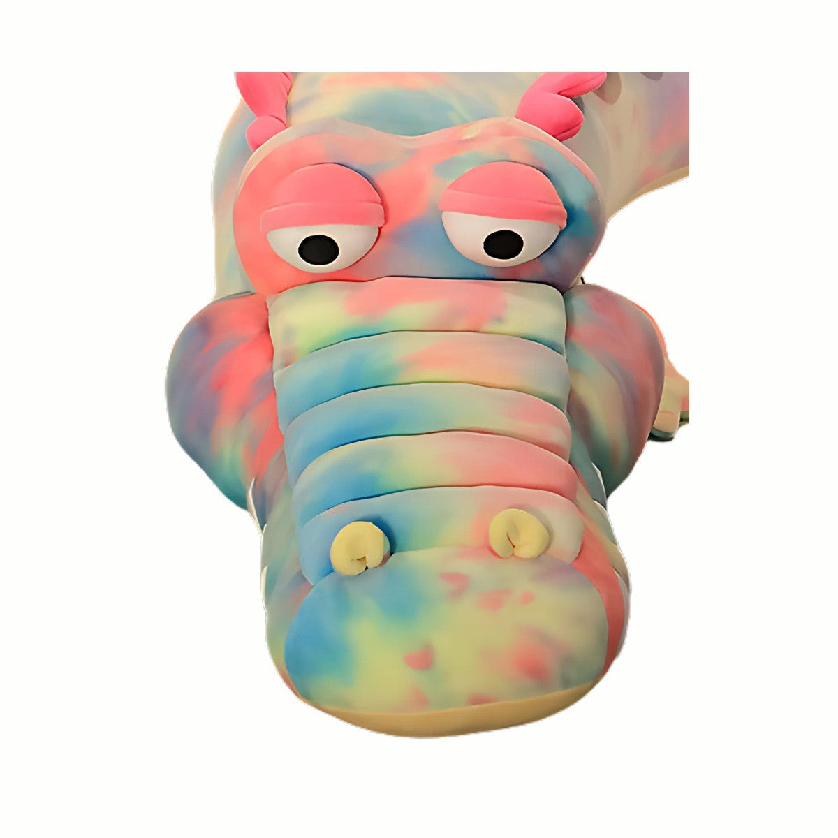 Close-up of the fun, colorful face of the Plush Snuggly Tie-Dye Alligator stuffed animal toy  in pink, highlighting its groovy tie-dye design.