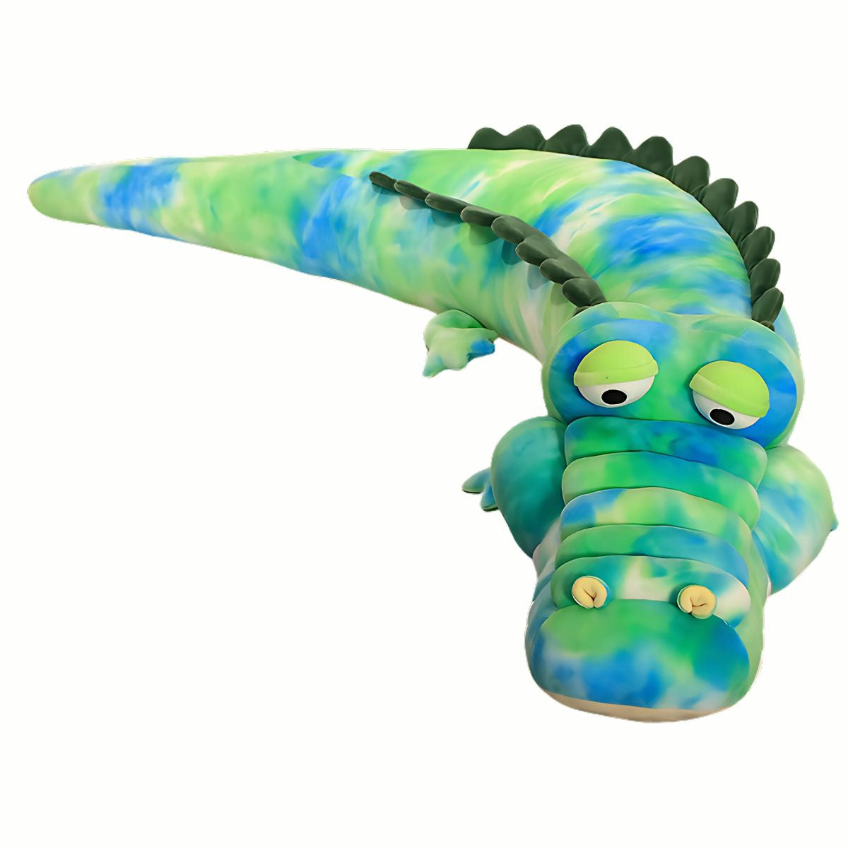 Full view of the Plush Snuggly Tie-Dye Alligator stuffed animal toy in green, available in 100cm and 140cm length for great pretend play