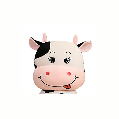 Close-up of the adorable face of the Black and White Giant Plush Cute Cow Stuffed Animal, showing its tongue sticking out and inviting, cuddly texture.
