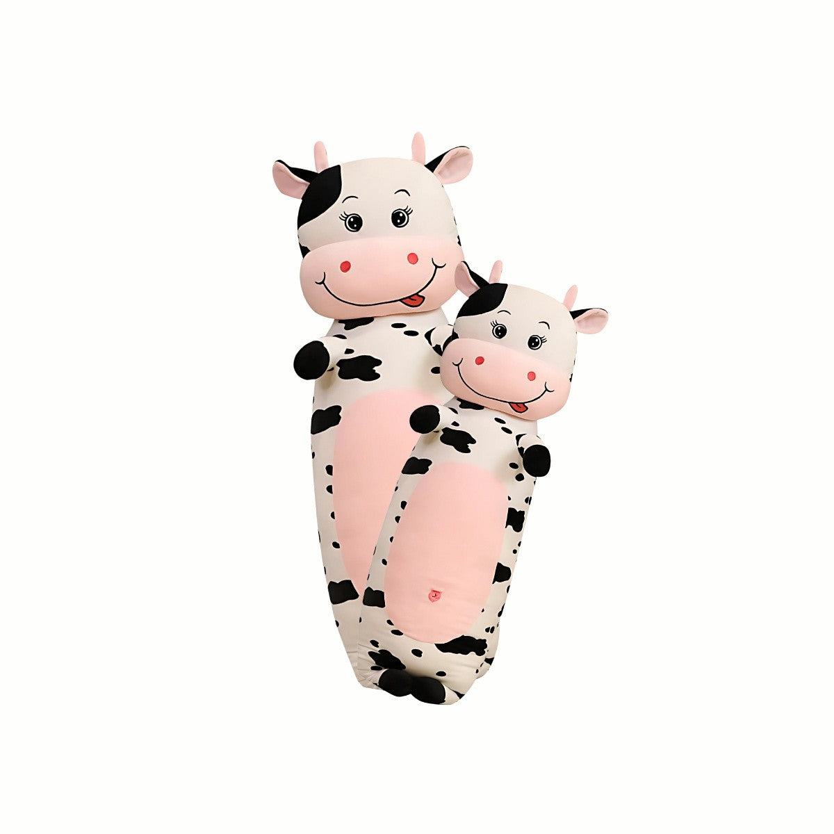 Two Black and White Giant Plush Cute Cow Stuffed Animal toys side-by-side, demonstrating the available 80cm and 120cm sizes, making them huggable companions for quiet times.