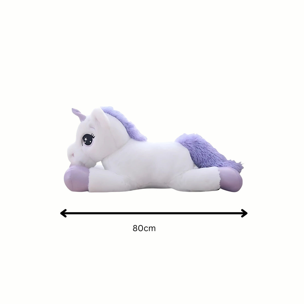 Plush Snuggly Unicorn stuffed animal toy  in white, shown with a size reference demonstrating its 80cm huggable size, making it the perfect companion for comfort.