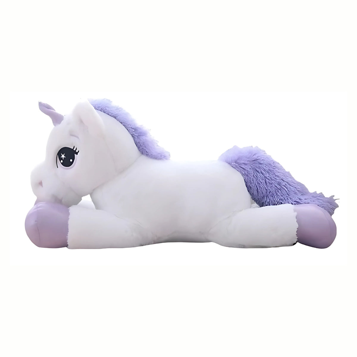 A full view of the enchanted Plush Snuggly Unicorn stuffed animal toy in white, a whimsical creature ready for playtime.