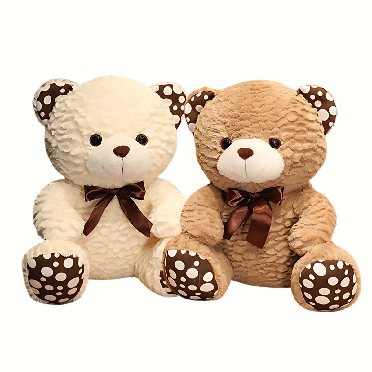 The Plush Classic Teddy Bear in beige and white sitting together, showing the color options of this cozy, lovable plush toy.