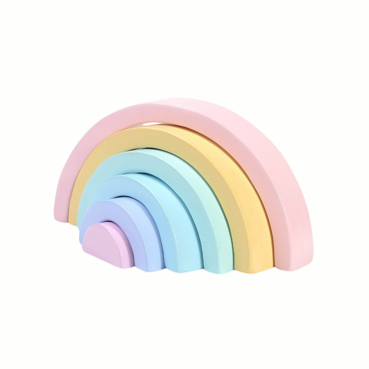 Silicone Pastel Rainbow Stacking Blocks nested together, showcasing the gentle pastel hues of this set, crafted from food grade silicone for safe and tactile exploration