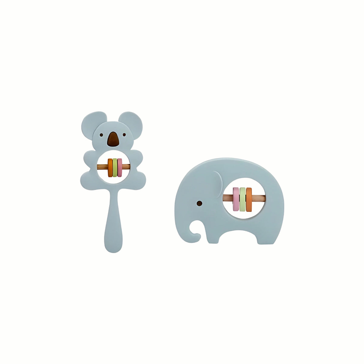 Blue Silicone Rattle Teether Set with koala and elephant shapes, featuring an easy-to-grasp design ideal for little hands.