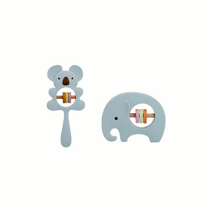 Blue Silicone Rattle Teether Set with koala and elephant shapes, featuring an easy-to-grasp design ideal for little hands.