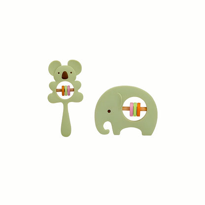 Green Silicone Rattle Teether Set with koala and elephant shapes, featuring an easy-to-grasp design ideal for little hands.