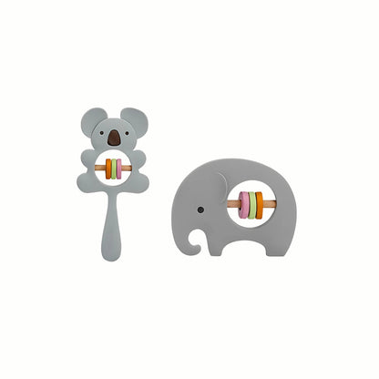 Grey Silicone Rattle Teether Set with koala and elephant shapes, featuring an easy-to-grasp design ideal for little hands.