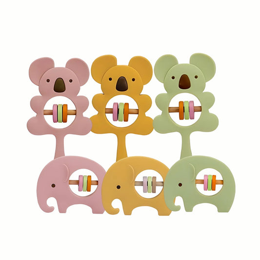 Silicone Rattle Teether Set in three colors (pink, green, yellow), featuring koala and elephant shapes for baby's early development and comfort. Made from BPA-free, Food Grade Silicone and wood, safe for baby's teething.