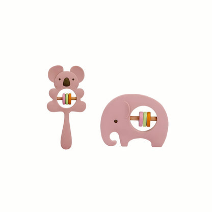 Pink Silicone Rattle Teether Set with koala and elephant shapes, featuring an easy-to-grasp design ideal for little hands.