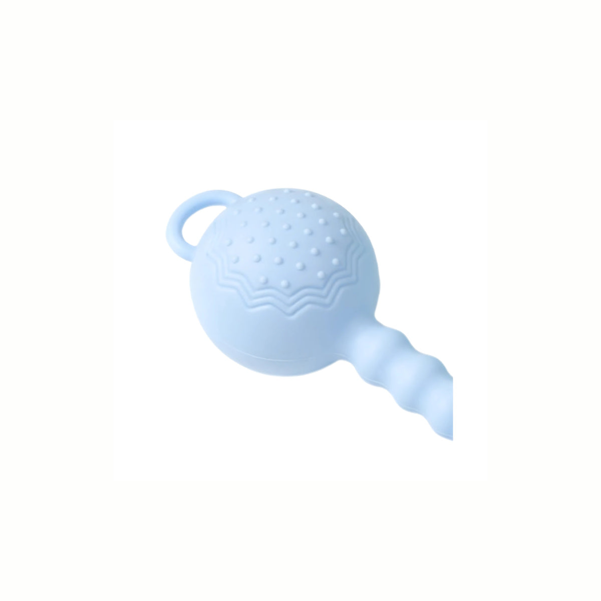 Close-up of the ball part of the Silicone Rattle Teether Toy, showcasing the comforting chewing surface of the soft silicone.