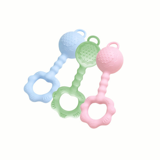 Silicone Rattle Teether Toy set in pink, blue, and green, offering a gentle and hygienic solution for teething babies. Crafted from BPA-free, Food Grade Silicone for safety.