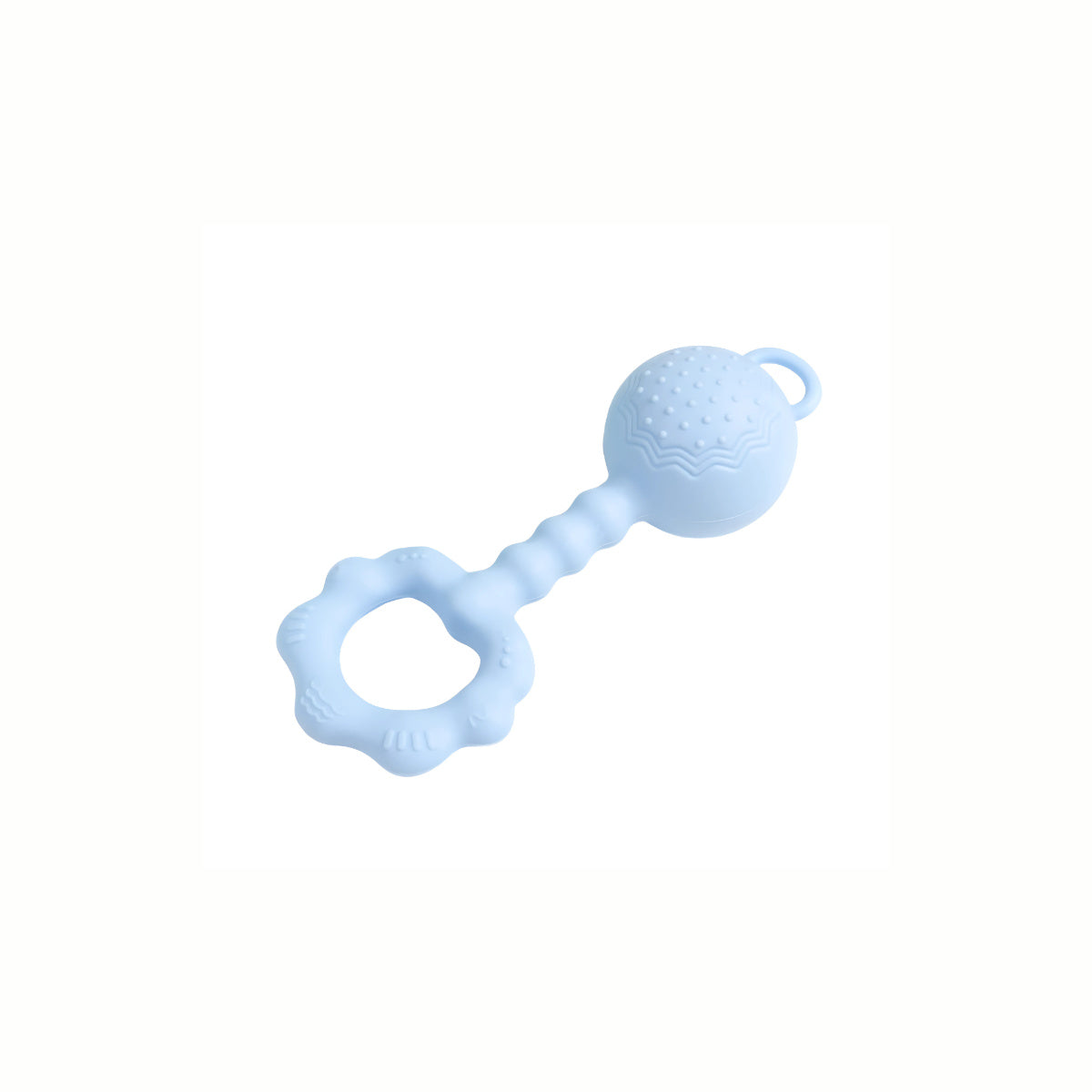 Full view of the blue Silicone Rattle Teether Toy, offering simple and effective relief for tender gums.
