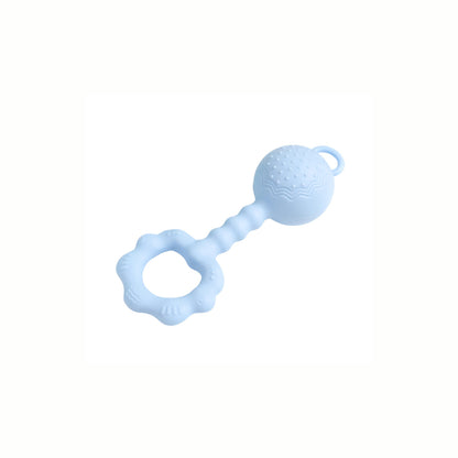 Full view of the blue Silicone Rattle Teether Toy, offering simple and effective relief for tender gums.