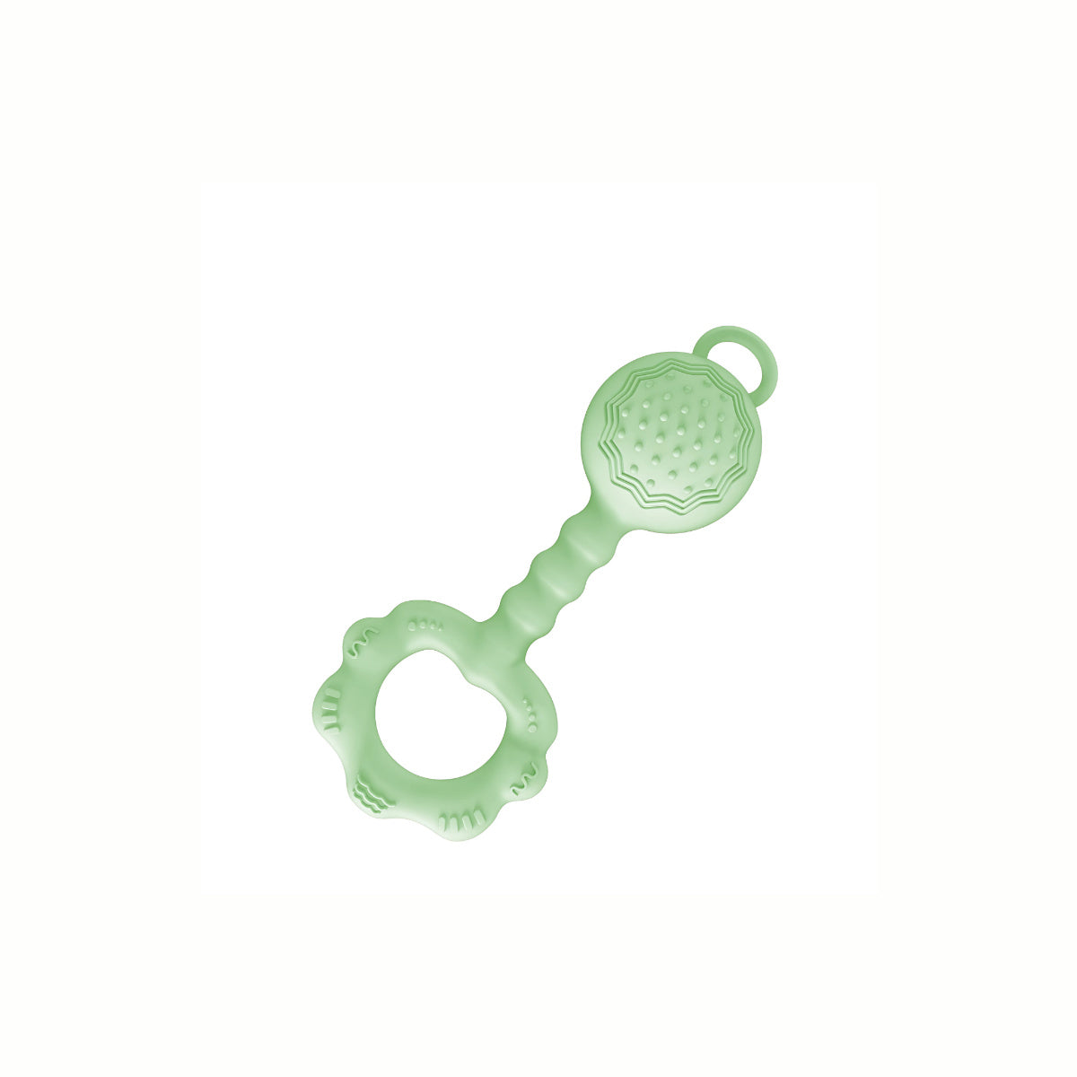 Full view of the green Silicone Rattle Teether Toy, a safe for teething baby gums and practical companion that adds an element of auditory stimulation.