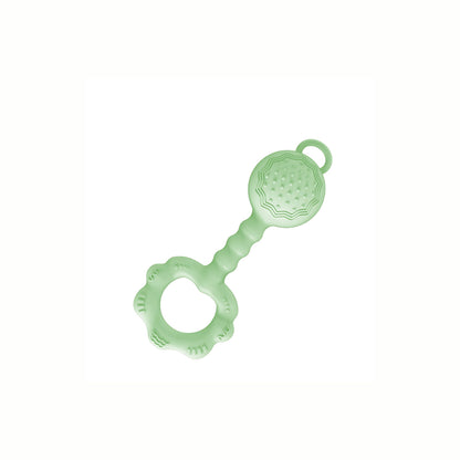 Full view of the green Silicone Rattle Teether Toy, a safe for teething baby gums and practical companion that adds an element of auditory stimulation.