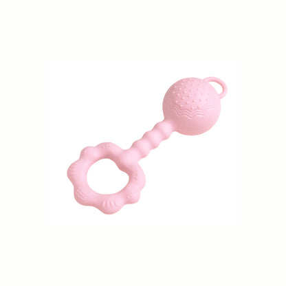 Full view of the pink Silicone Rattle Teether Toy, a durable and easy-to-clean solution for a baby's teething journey.