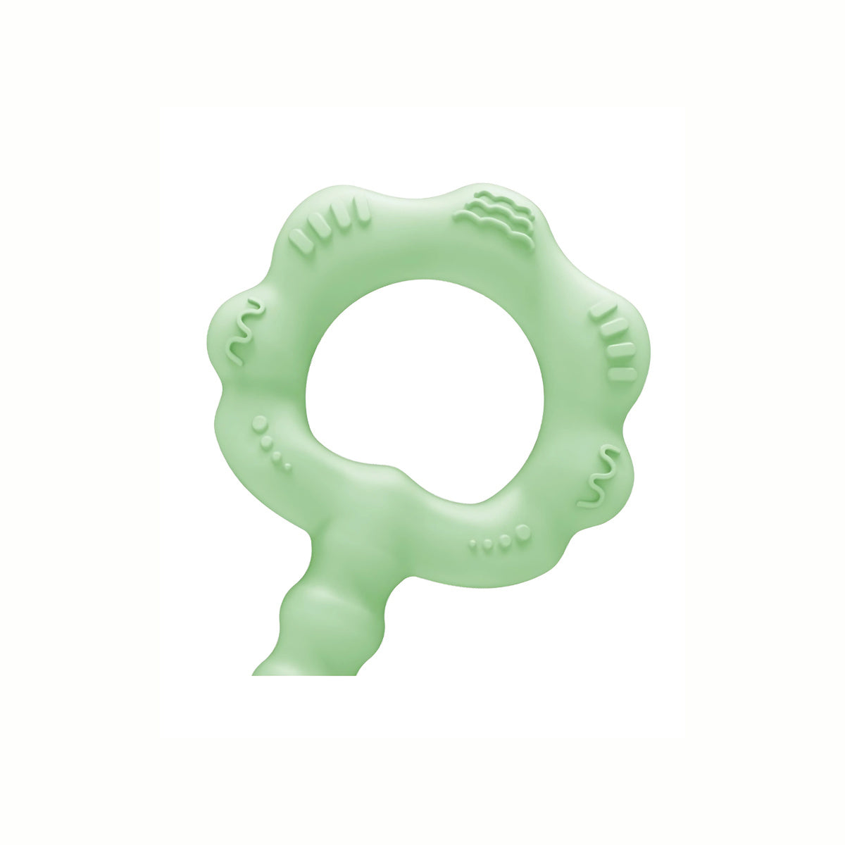 Close-up of the ring part of the Silicone Rattle Teether Toy, highlighting the easy-to-grasp design that is perfect for little hands to hold and explore