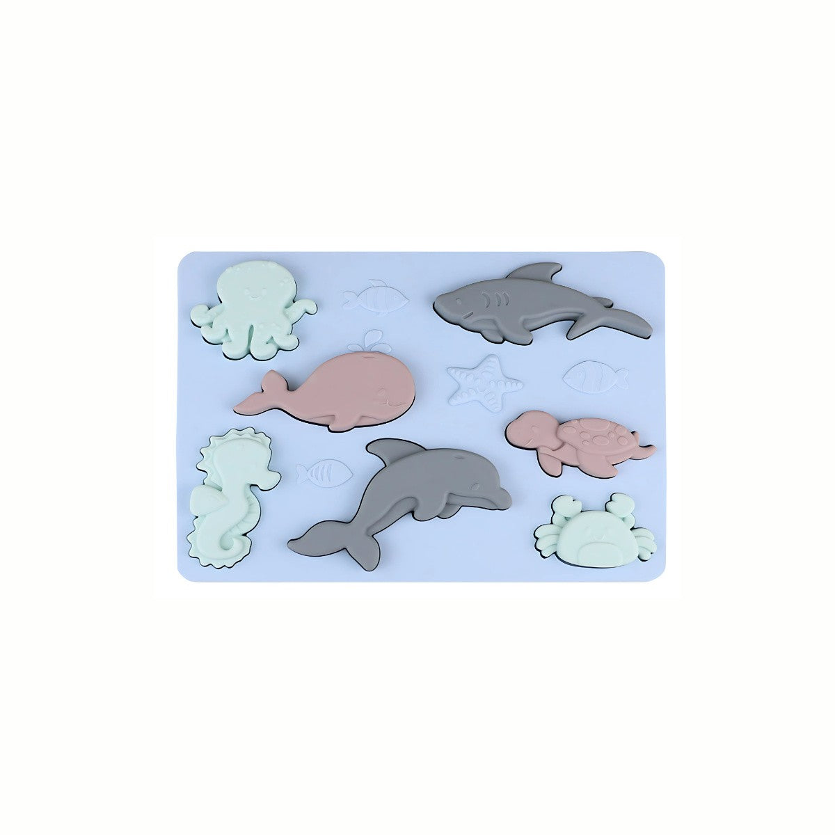 Silicone Sea Creatures Puzzle in blue, showing all the soft, ocean-themed pieces fitted into the puzzle base, a food-grade silicone eco-conscious toy.