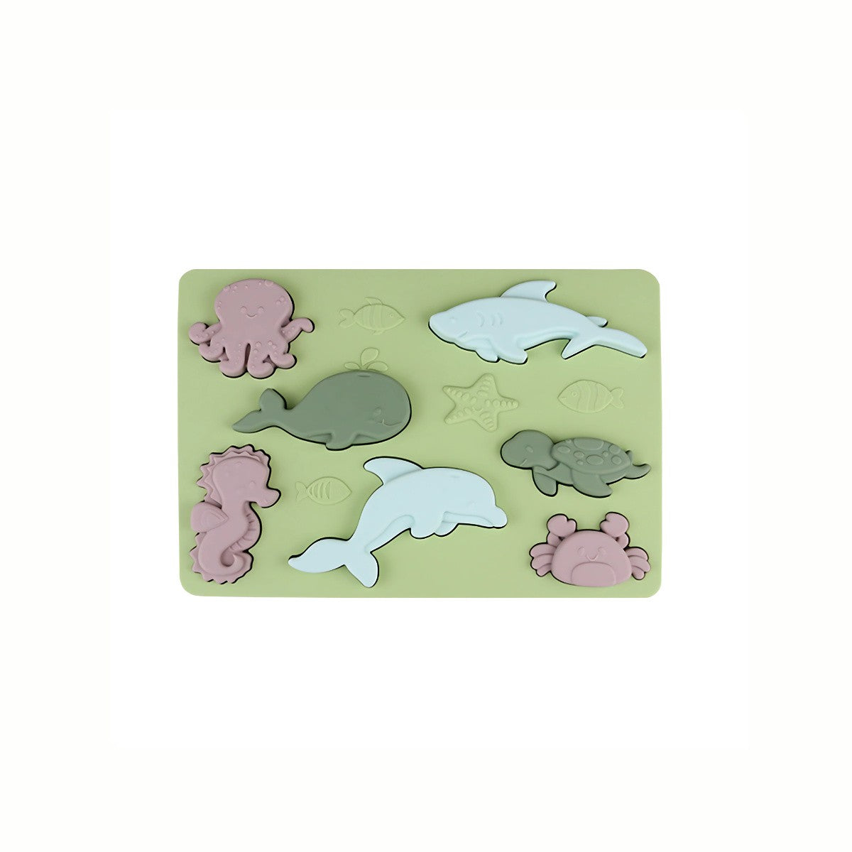 Silicone Sea Creatures Puzzle in green, showing the full set of sea animals nested into the base, promoting safe and tactile play.