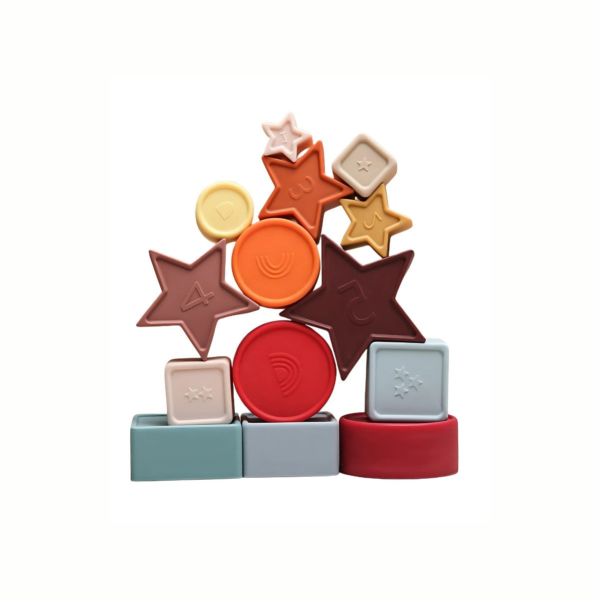 Silicone Shapes Stacking Puzzle with all the shapes stacked in a single tall column, demonstrating open-ended play and color recognition.