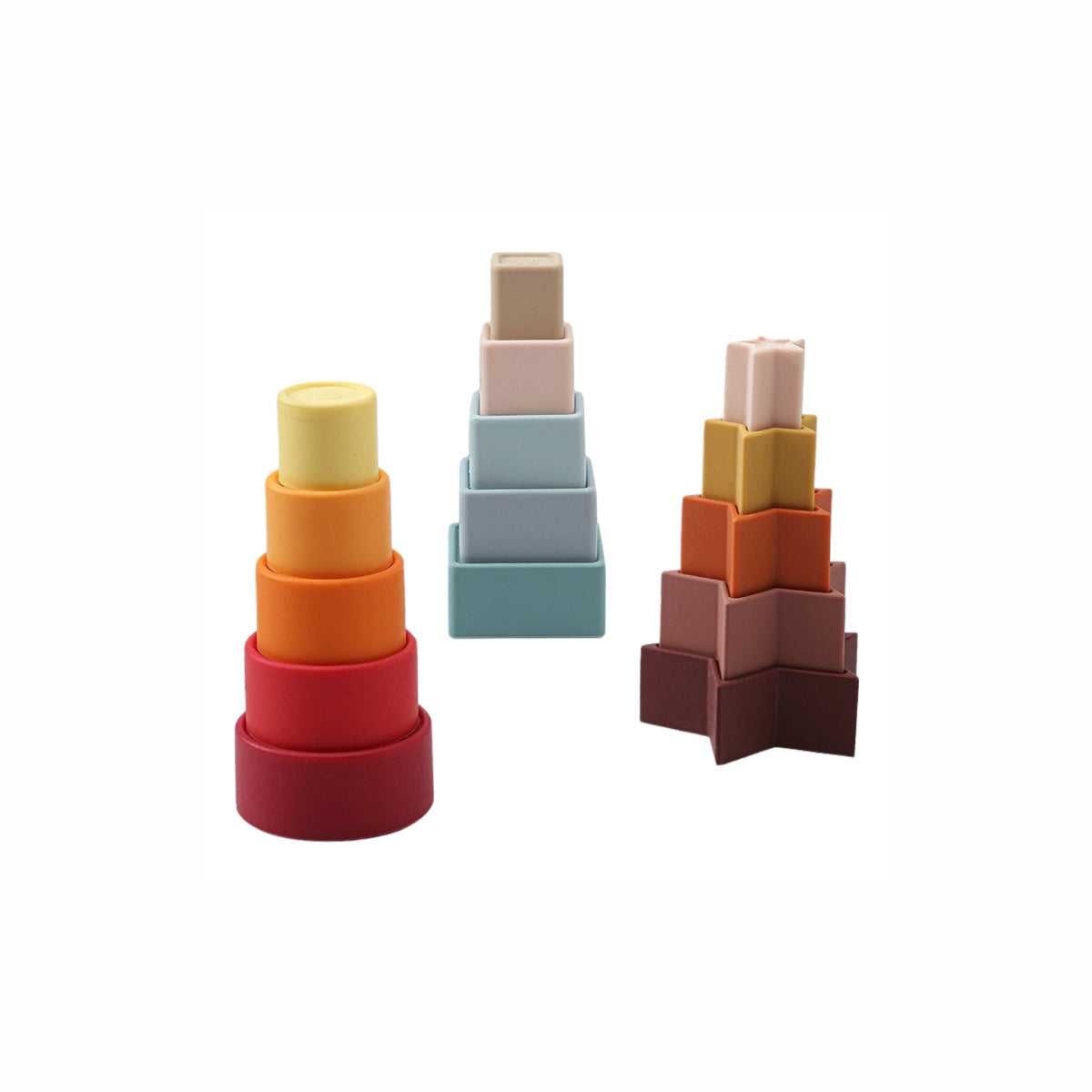 The  Silicone Shapes Stacking Puzzle stacked creatively high, promoting safe and tactile play.