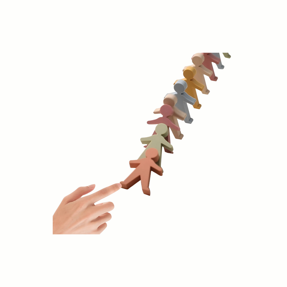 Silicone Stacking Figures laid out in a winding line to demonstrate open-ended play and a domino effect, promoting hand-eye coordination and creative stacking.