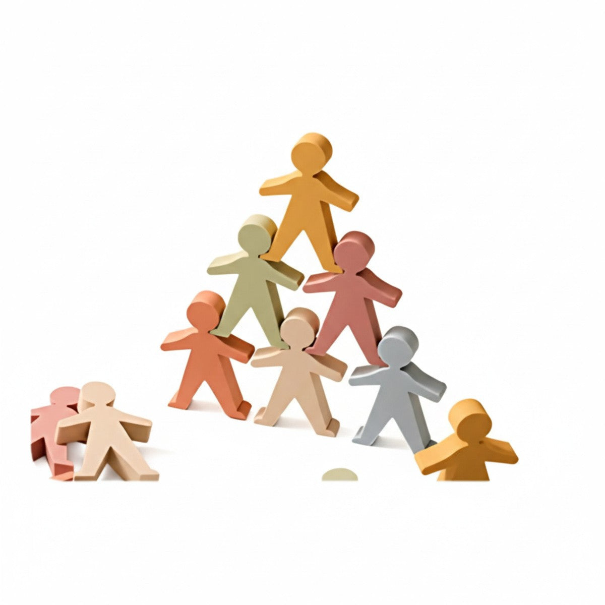 Silicone Stacking Figures, showing  whimsical figures stacked in a tower and other pieces next to it, a food-grade silicone eco-conscious toy.