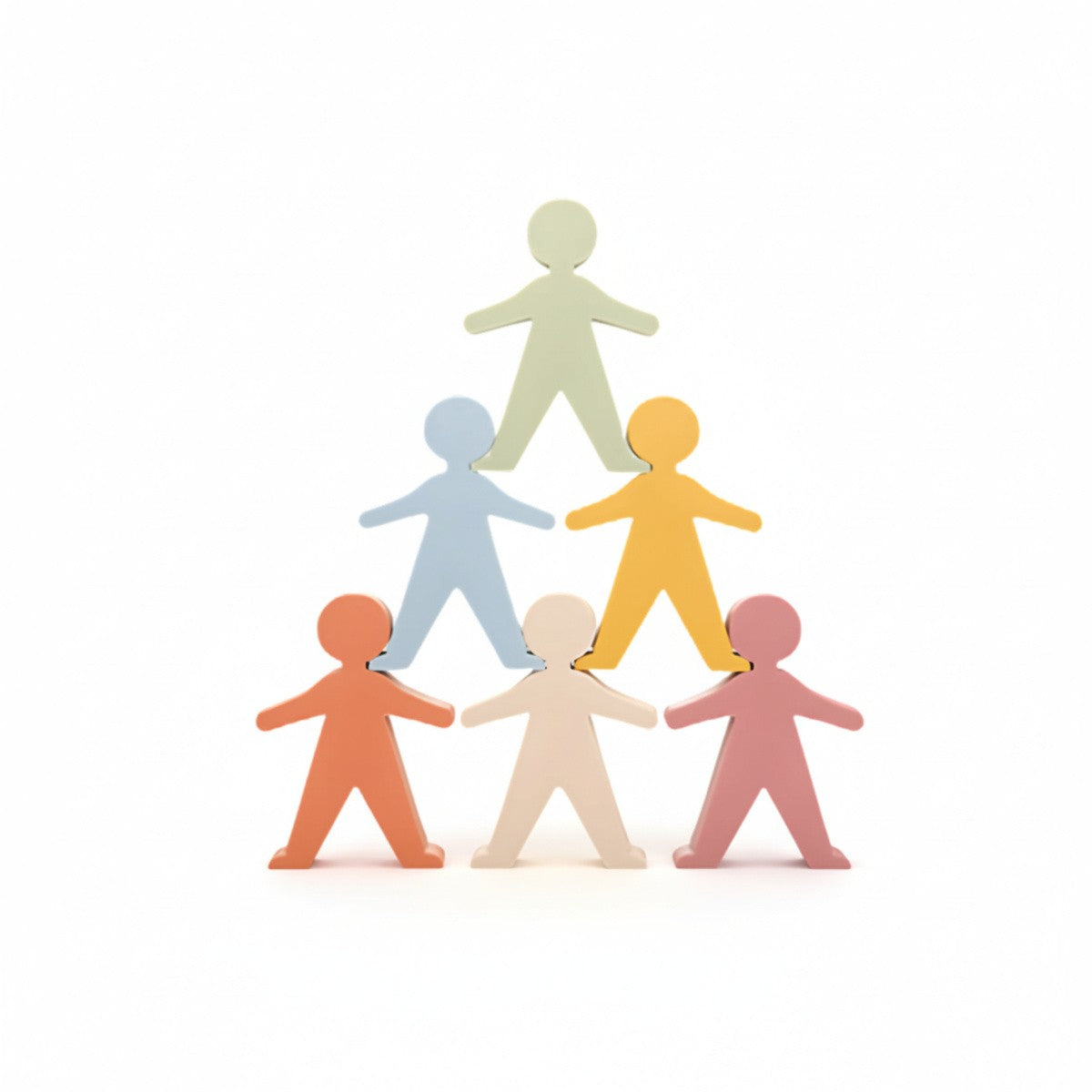 Silicone Stacking Figures, showing all five colorful, whimsical figures stacked in a tower, a food-grade silicone eco-conscious toy.