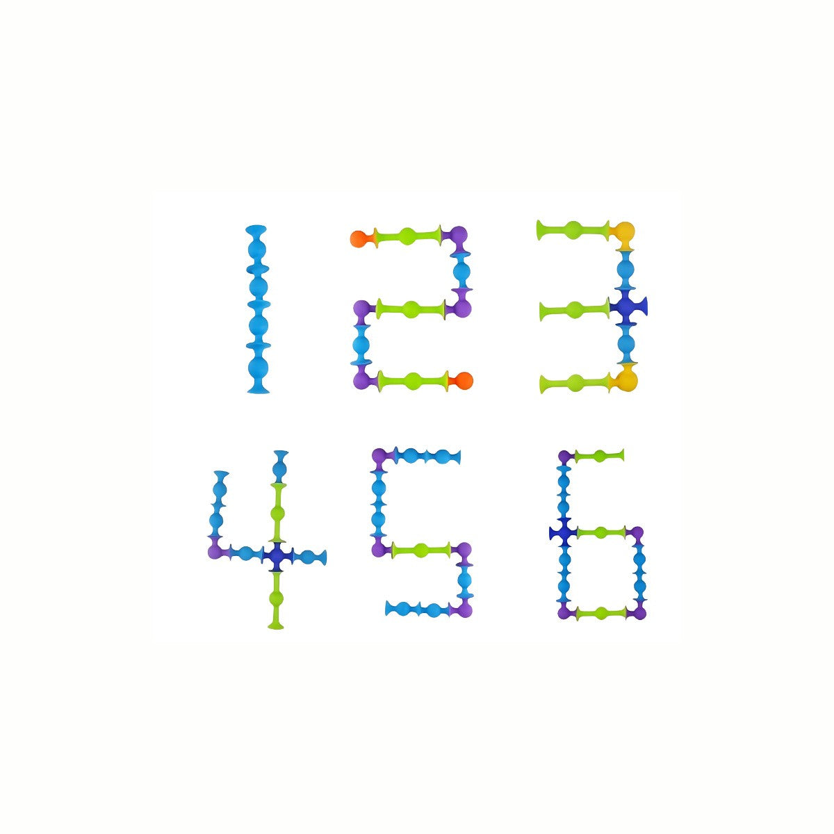 Silicone Suction Cup Toy pieces used to form the numbers 1, 2, 3, 4, 5, and 6, demonstrating its potential for making shapes and numbers.