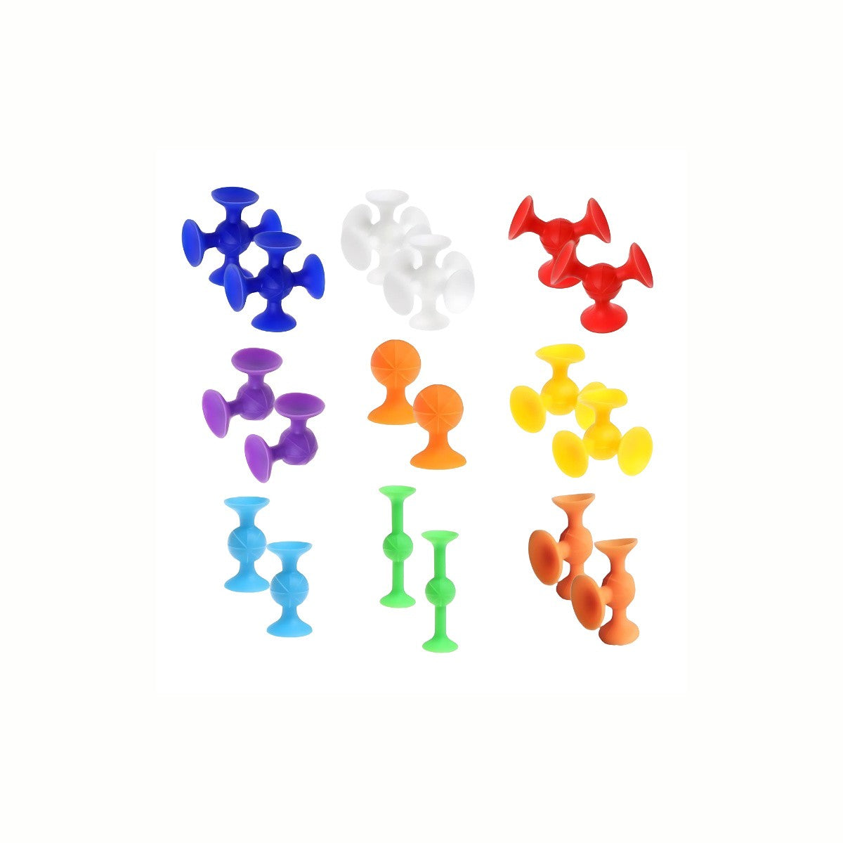 A close-up of the individual Silicone Suction Cup Toy pieces, highlighting the various colors, flexible shapes, and tactile suction cups.