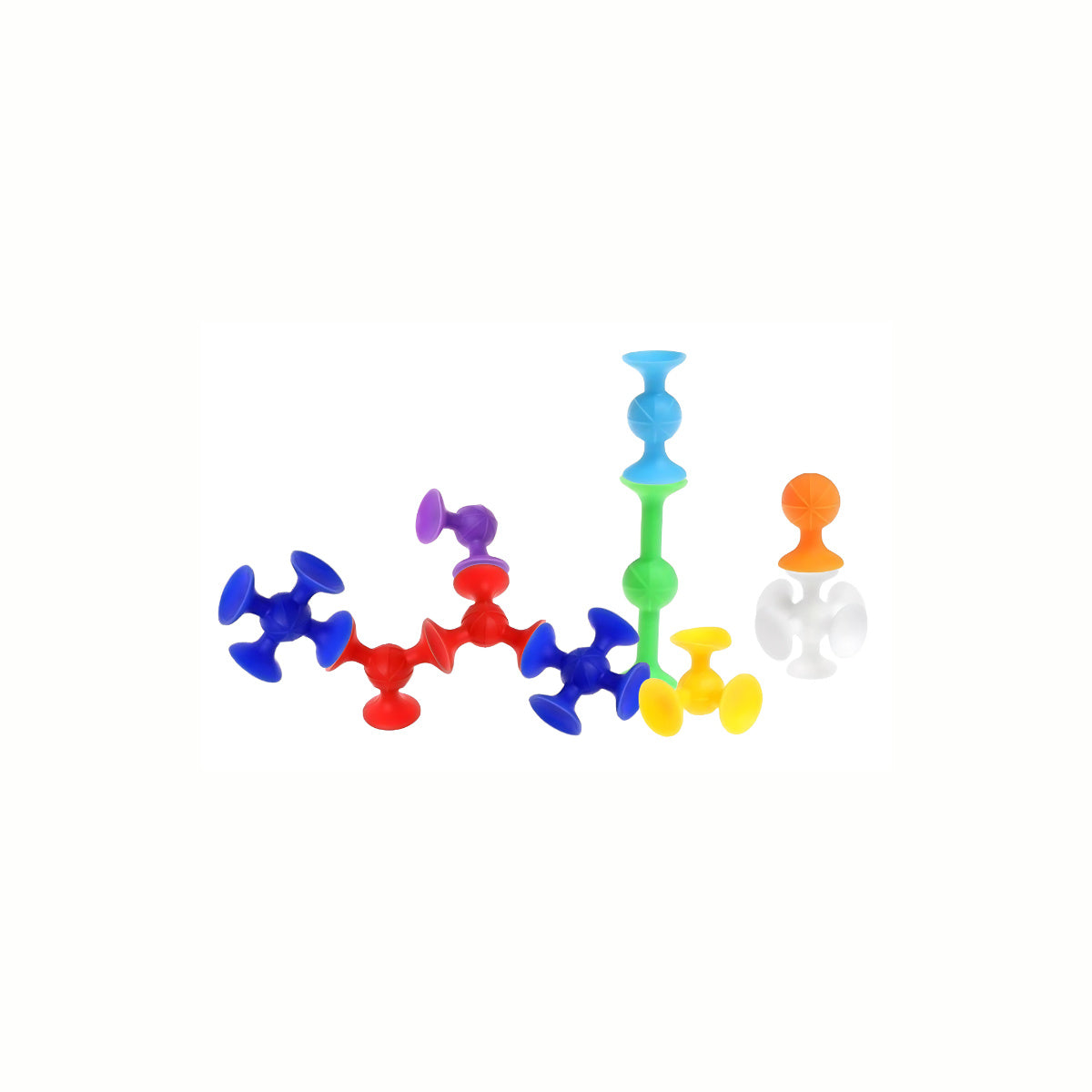 Silicone Suction Cup Toy, showing various colorful pieces connected together to build an open-ended structure, a high-quality toy.