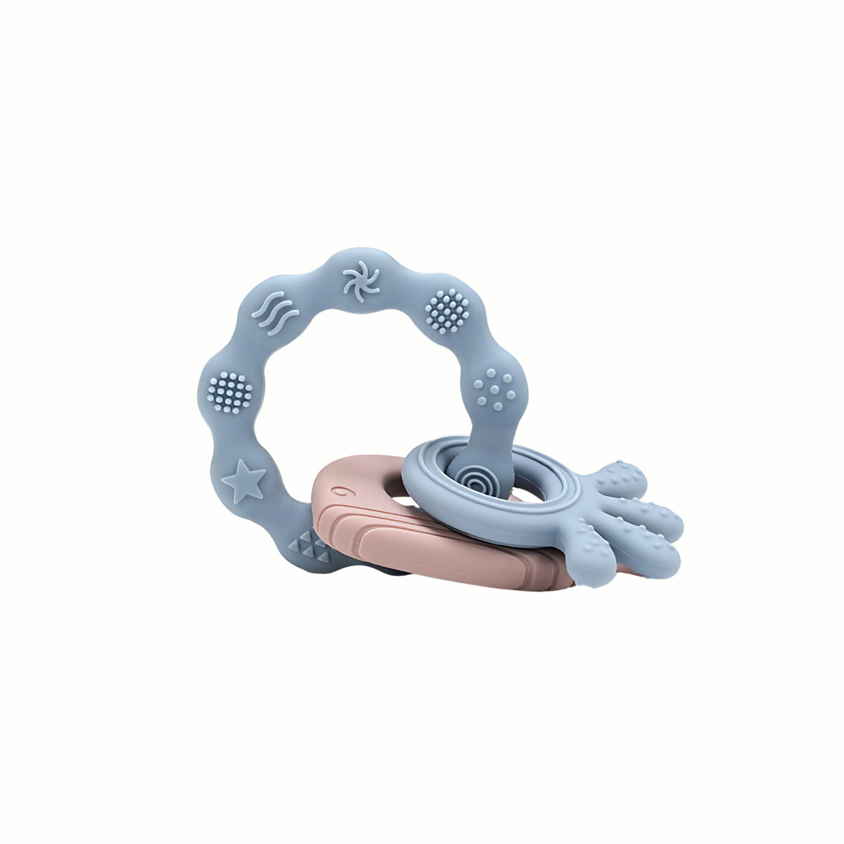 Full view of the blue Silicone Teething Keyring, a clever teether with a variety of textures for maximum comfort.